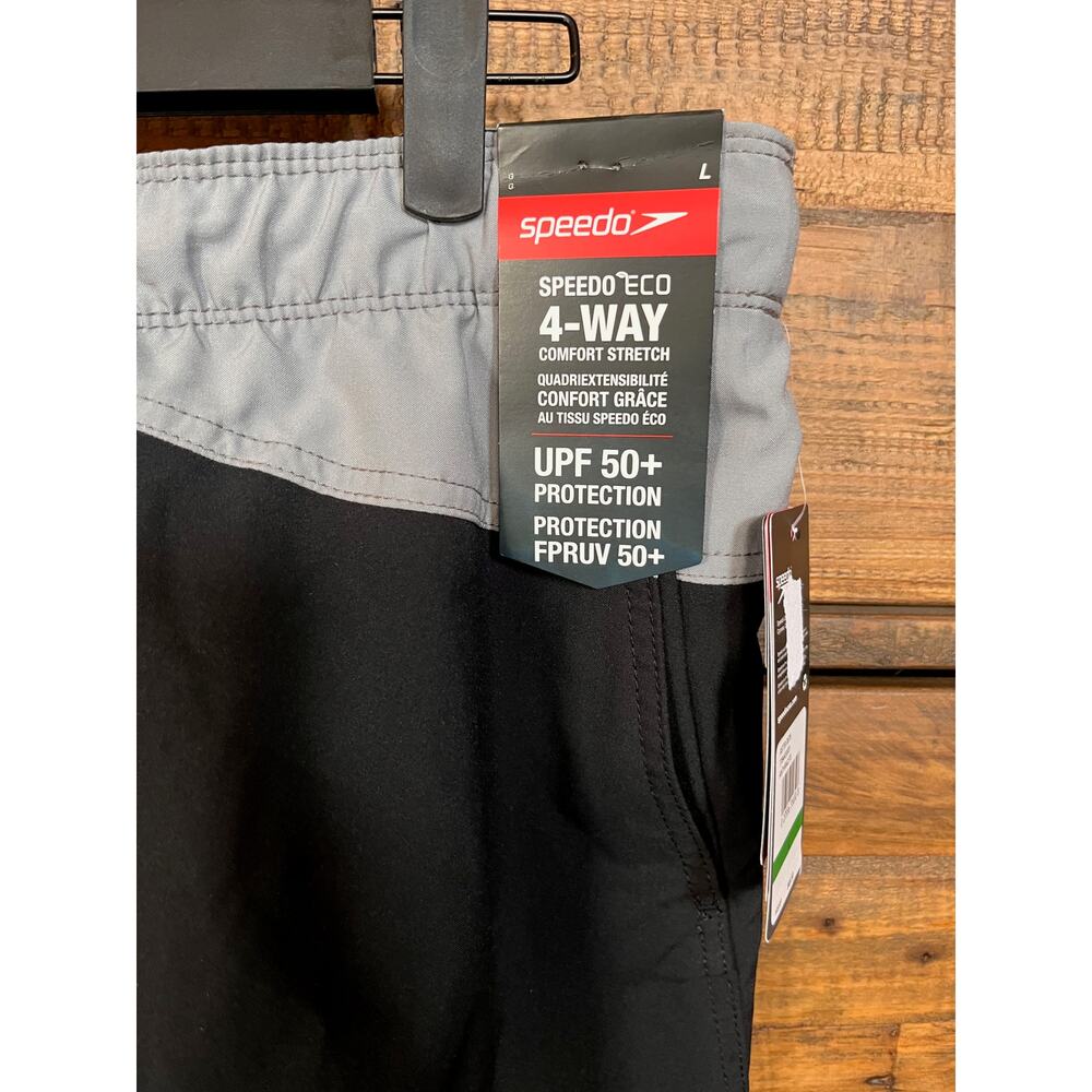 SPEEDO Men's Swim Trunks Black/Gray with 4-Way Comfort Stretch Sz L - Picture 2 of 9